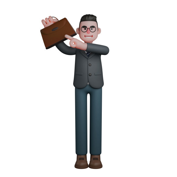 三维教育特征。一名身着正装的男子一手拿着公文包，用手指着公文包。男教师插画图片下载