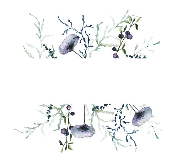 水彩花矩形边框框架。紫罗兰的罂粟花，绿松石的，绿色的树枝，蓝色的青苔的小枝，叶子。图片下载