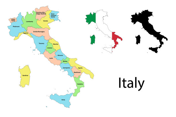 意大利行政区划。意大利国旗和地图插图矢量。意大利地区图片下载