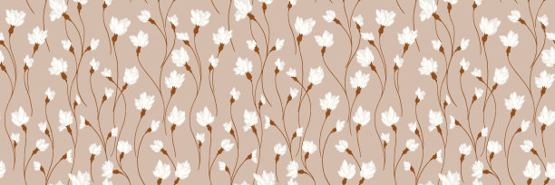 米色图案与创意花卉茎。抽象的艺术分支与微小的花朵小芽交织在一个无缝的背景。矢量手绘。用于图案、印花的简单点缀图片下载
