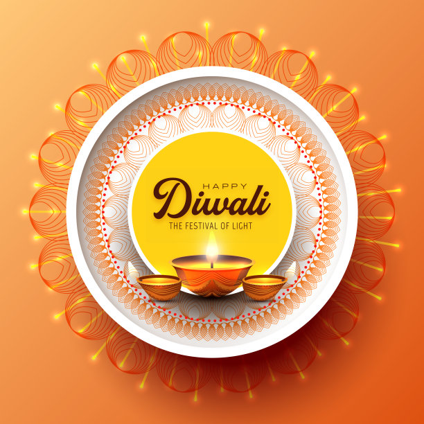 快乐排灯节设计与Diya油灯元素在黄色Rangoli背景，散景闪闪发光的效果图片下载