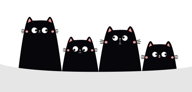 四只黑猫家庭套装。小猫正在抬头张望。可爱的卡哇伊卡通有趣的boo幽灵般的宠物婴儿字符线横幅。情人节快乐，万圣节快乐。平面设计。白色背景。图片下载