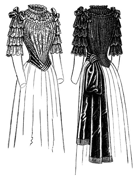 19世纪90年代维多利亚时代的时尚，女士晚礼服与多层袖子褶皱的巴斯克紧身胸衣和肩带(正面和背面)- 19世纪图片下载