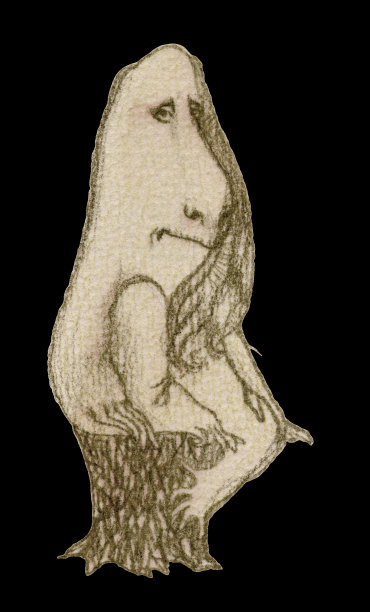 幻想中的森林矮人坐在树桩上。手绘铅笔插图孤立在一个黑色的背景图片下载