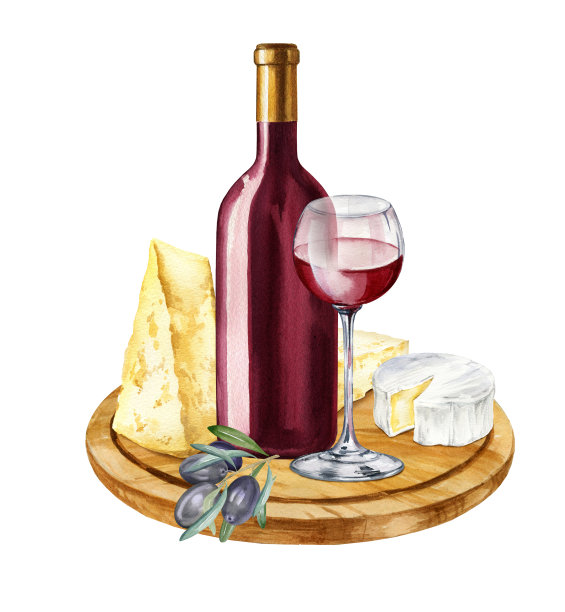 水彩画与一瓶红酒，红酒酒杯，早午餐橄榄和意大利和法国奶酪，布里干酪，卡门培尔奶酪和帕尔马干酪在木制砧板，食物插图图片下载