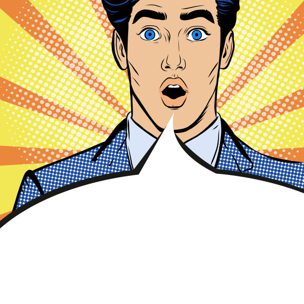 哇，波普艺术家。近距离观察惊讶的男人，他张开嘴，说话冒泡。矢量波普艺术背景在漫画复古波普艺术风格的公告，新闻，销售，折扣，特别优惠。图片下载