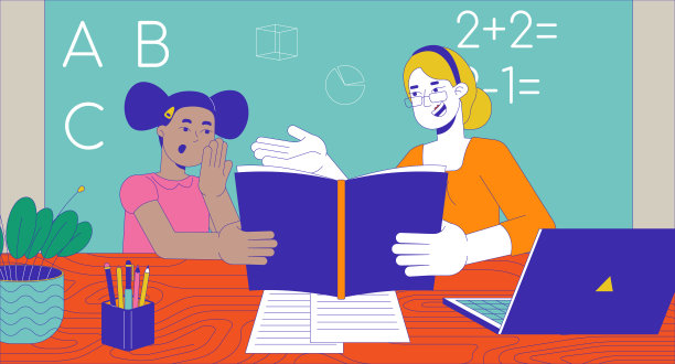 快乐的老师给小女孩讲解主题卡通平面插画图片下载