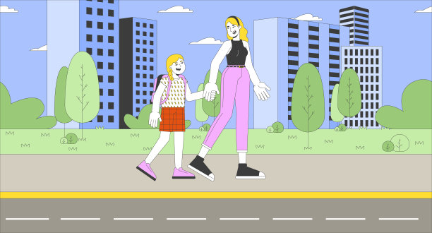 妈妈带着女儿去学校卡通平面插画图片下载