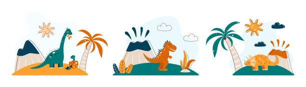 一套恐龙插图。恐龙景观。平面风格的图片为孩子们。绿色和橙色的阴影。矢量图图片下载