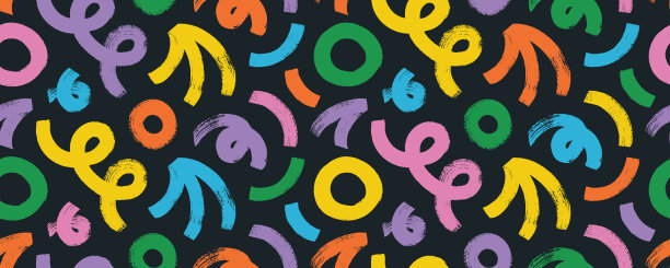 彩色无缝横幅设计与大胆的毛笔绘制的几何形状，歪斜，弯曲和圆形。幼稚的孟菲斯风格涂鸦。粗笔刷绘制形状粗糙的纹理。图片下载