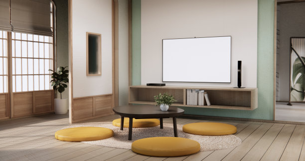 客厅壁式搁架设计上的木质现代风格。图片下载