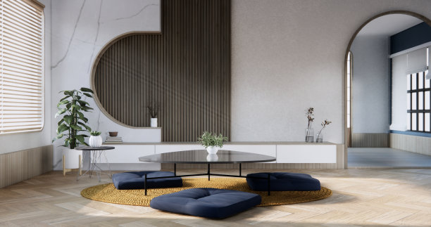 客厅壁式搁架设计上的木质现代风格。图片下载