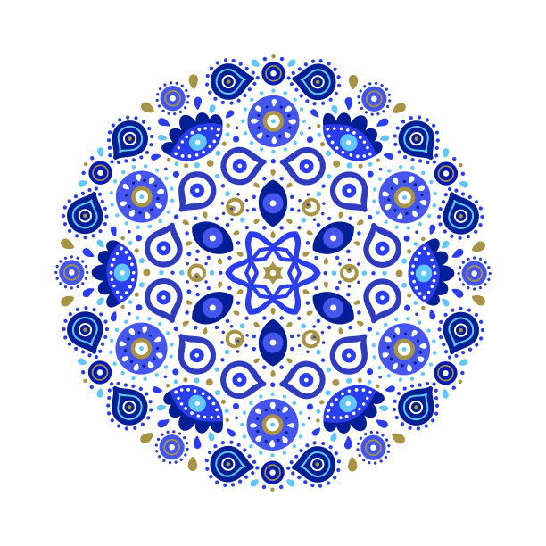 蓝色曼陀罗的土耳其邪恶的眼睛符号。民族风格的希腊防腐标志，金色细节背景。EPS 10矢量圆形印刷地毯，瑜伽垫或圆形沙滩毛巾图片下载