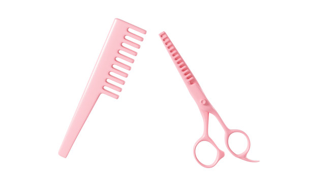 卡通理发剪刀和梳子在白色背景，3d渲染。图片下载