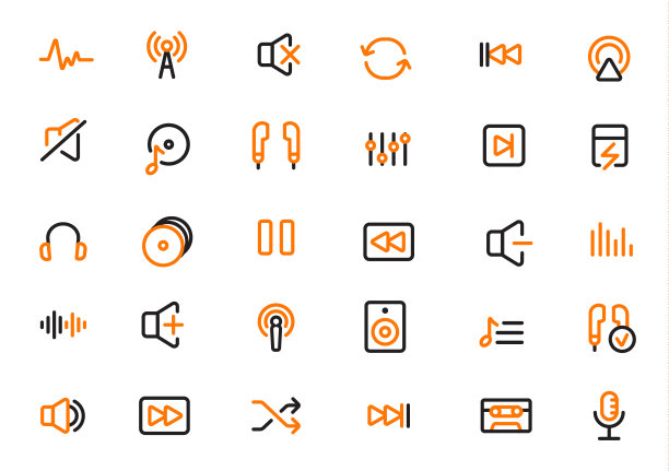 音频和媒体控件图标设置为黑色和橙色，可编辑笔触，矢量插图图片下载