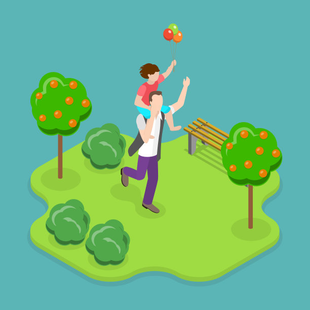 三维等距平面矢量插图快乐的父亲和儿子图片下载