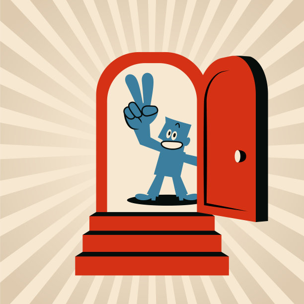 一个人打开门，并给出一个表示胜利或和平的手势图片下载