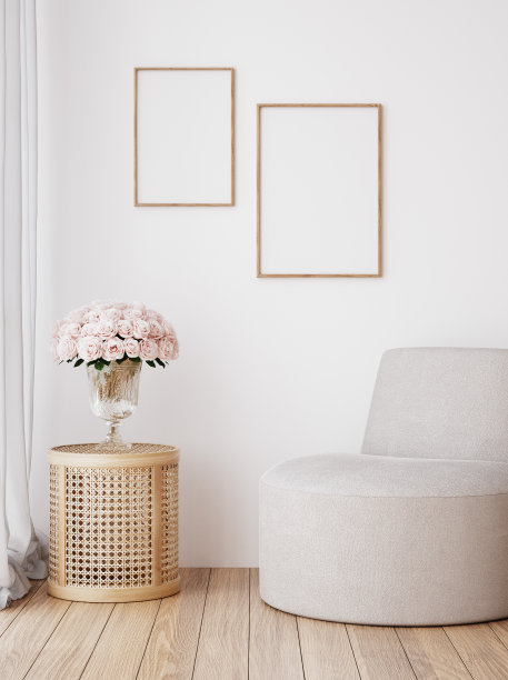 模拟框架在家庭内部背景，舒适的卧室与自然藤制家具图片下载