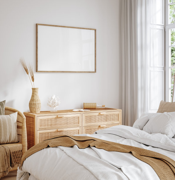 模拟框架在家庭内部背景，舒适的卧室与自然藤制家具图片下载