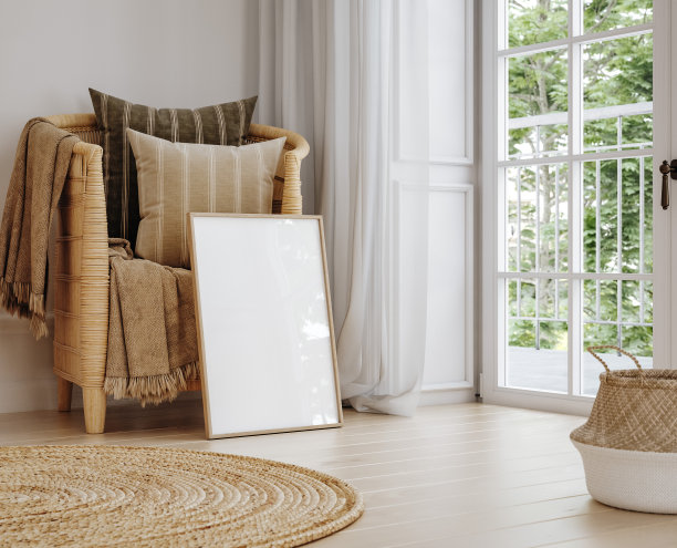 模拟框架在家庭内部背景，舒适的卧室与自然藤制家具图片下载