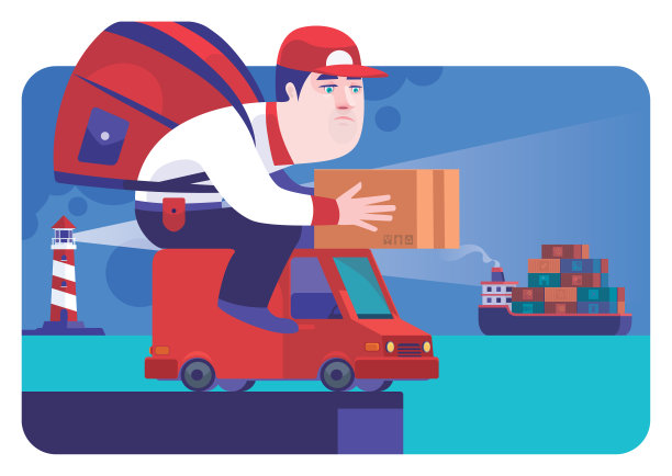 快递员用快递车拿着包裹，发现货船离开了图片下载