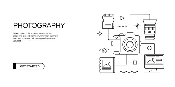 摄影相关线横幅设计。相机，工作室，镜头，背景，修饰。图片下载