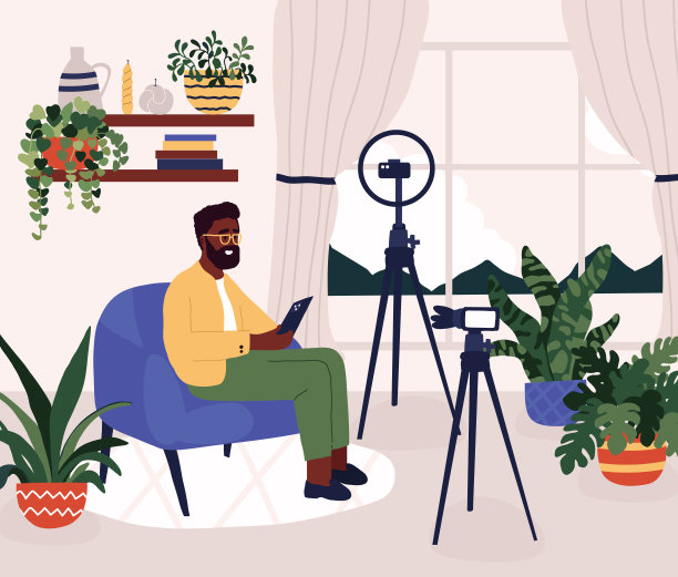 博客采访直播。视频博主人物。在线播客录音棚。社交媒体网络广播。视频记录器流在家里内部。矢量平面插图图片下载