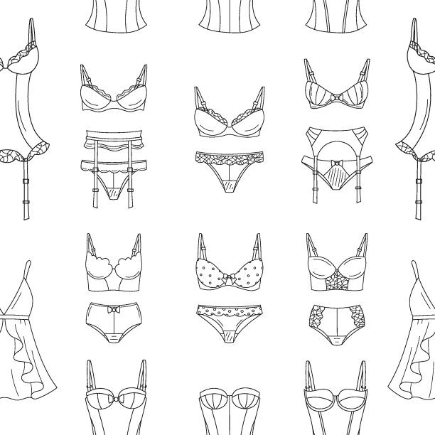 女性内衣收藏，矢量无缝图案线背景。图片下载