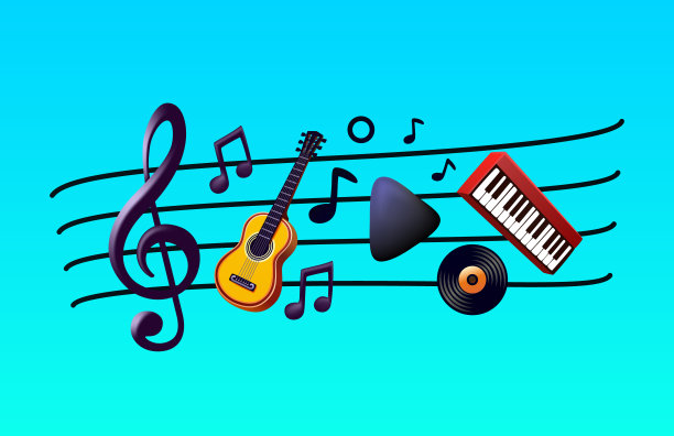 音乐高音谱号拼贴，钢琴音乐演奏，吉他音乐家。矢量图图片下载
