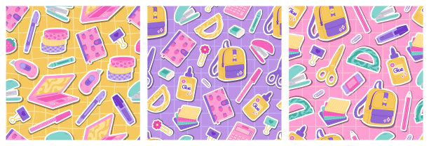 卡哇伊学校用品- 3个方格图案的集合图片下载