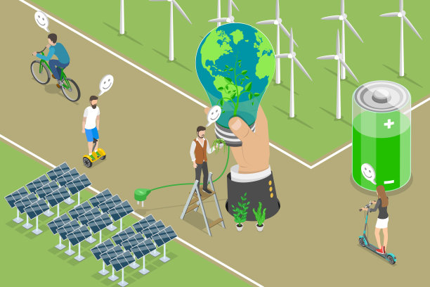 清洁可再生能源的三维等距平面矢量插图图片下载