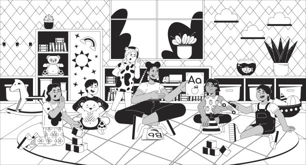 幼儿园老师微笑着与小朋友玩黑白线插画图片下载