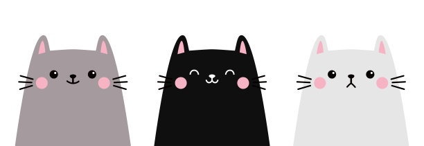 猫。白色黑色灰色小猫小猫脸头图标。有趣的卡哇伊涂鸦动物。可爱的卡通有趣的婴儿角色。宠物收集。行横幅。平面设计。孤立。白色背景。图片下载