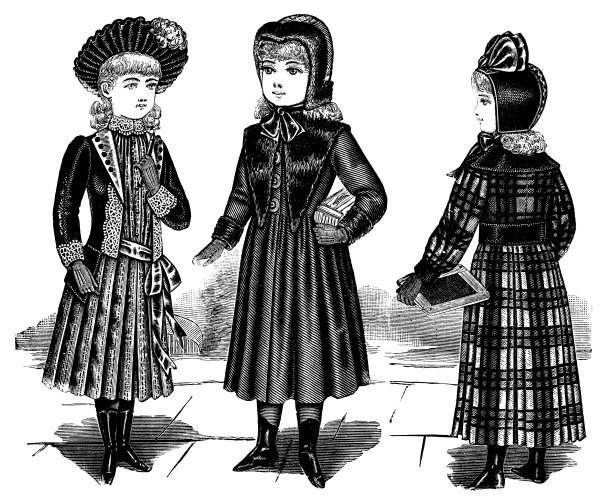 19世纪90年代的维多利亚时尚，19世纪的小女孩学校服装图片下载