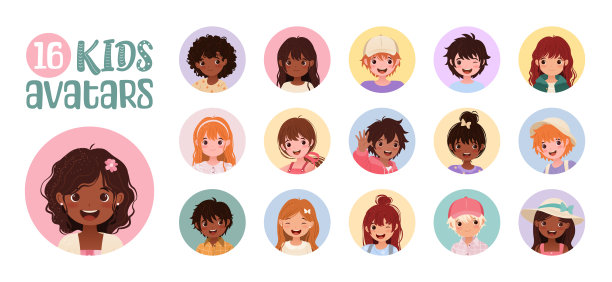 一套16个孩子的化身。卡通的孩子。图片下载