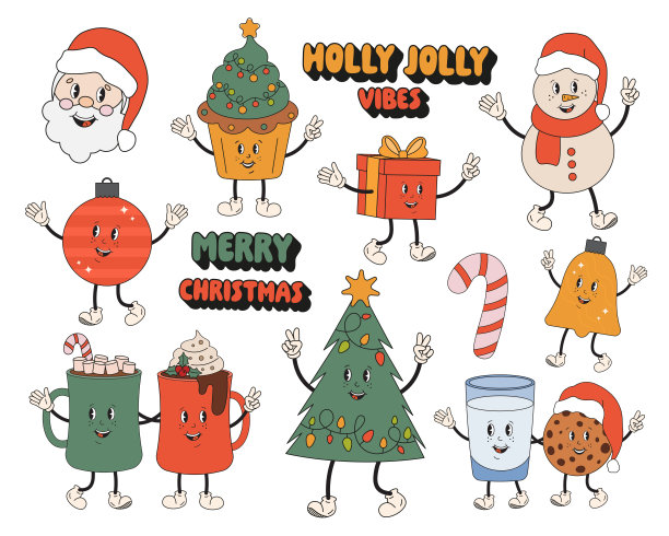 圣诞快乐的节日元素集。可爱的收集圣诞贴纸在复古的groovy风格。圣诞老人，礼物，圣诞树，圣诞树玩具，拐杖糖，牛奶，圣诞老人饼干，雪人。图片下载