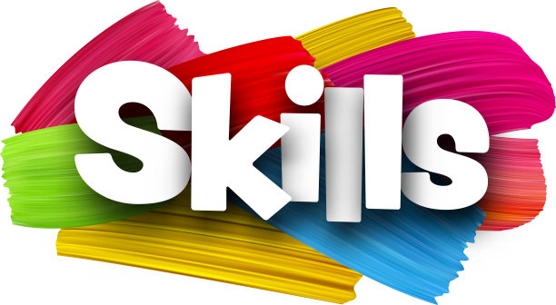 技能纸字标志与彩色光谱油漆刷笔触在白色。图片下载