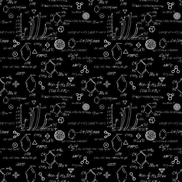 在黑色背景上手绘化学图案。返校无缝图案。科学实验科目。作业本一页的教学笔记。化学学习试卷。无尽的插图。向量。图片下载