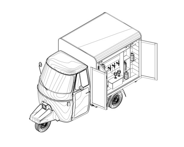 轮廓酒车，户外酒吧。在大篷车柜台卖饮料的街头小贩。轮式移动酒吧窗口的酒保。平面矢量插图隔离在白色背景图片下载