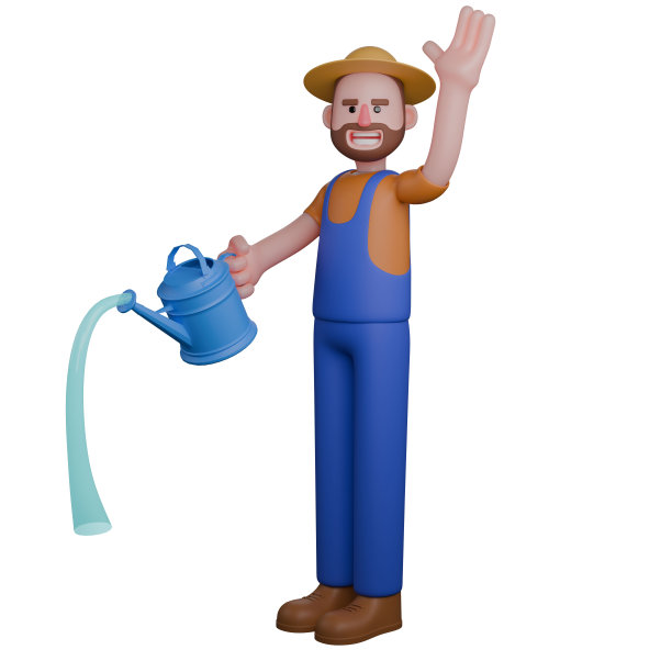 3D男性农民。一位戴着草帽，穿着园艺服和靴子的农民正在用喷壶给植物浇水。乡村卡通人物图片下载