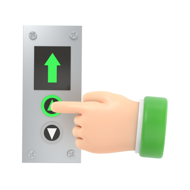 商人按下电梯按钮。三维插图平面设计。叫电梯。向上箭头。到顶楼上去。手指放在按钮上。白色背景的3D渲染。图片下载