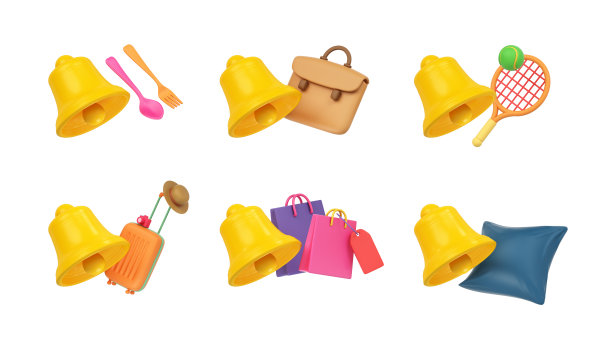 3D活动应用通知图标钟对象，日常生活或日常生活如早餐、上班、锻炼、购物、晚餐、睡眠和旅行。具有剪切路径的对象。3 d演示。图片下载