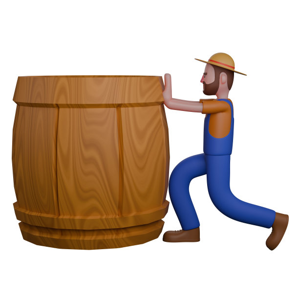 一个男性农民的卡通插图。一个农民正使劲地推着一个大木桶。3 d风格图片下载