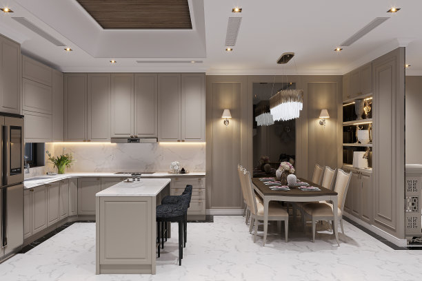 明亮的厨房内部，有凉爽的空间和烹饪区图片下载