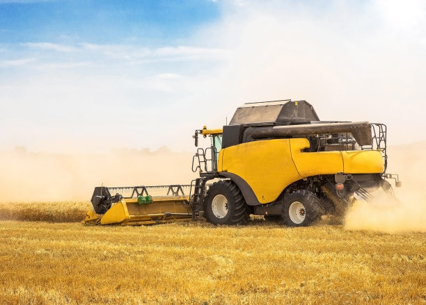 联合收割机在一个阳光明媚的夏日收获小麦图片下载