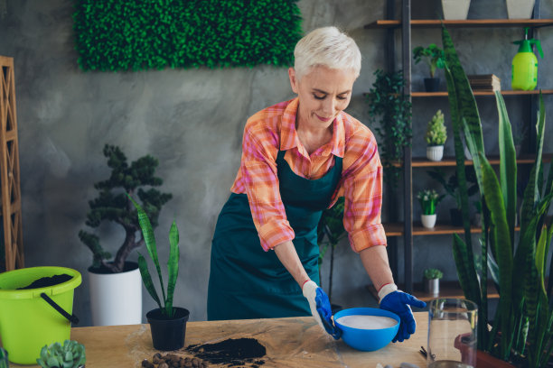 可爱快乐的老太太穿着围裙享受园艺准备土壤在家里工作场所的照片图片下载