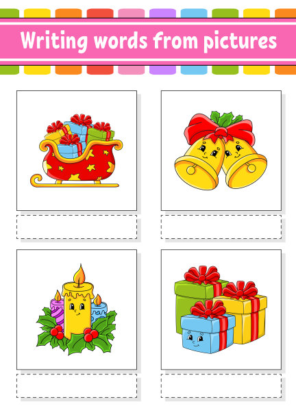 根据图片写单词。学习英语单词。教育发展工作表。彩色活动页面。卡通人物。矢量插图。图片下载
