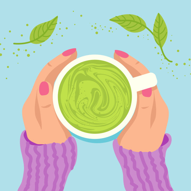 女人手里的一杯茶，抹茶粉，还有绿叶。日本抹茶绿茶粉。图片下载