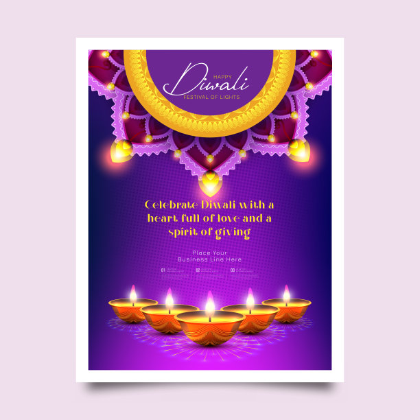 快乐排灯节抽象贺卡平面设计模板与节日Diya图片下载