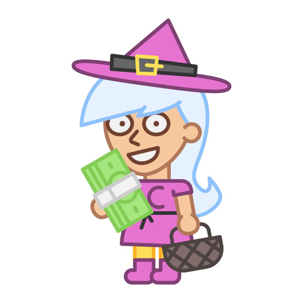 女巫手里拿着一叠钱，面带微笑图片下载